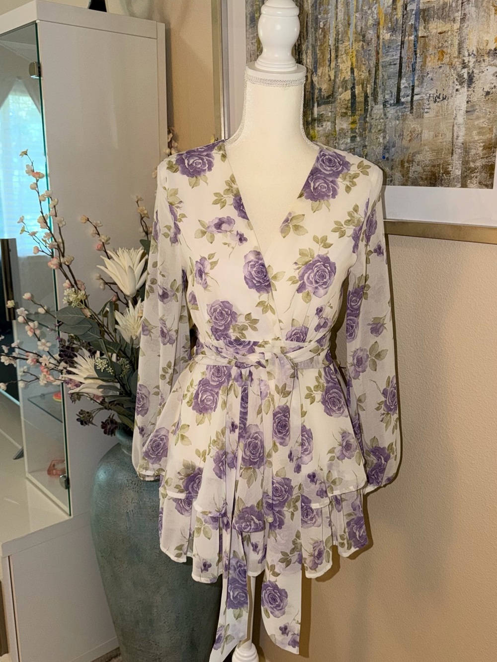 Women's Floral romper- White with Purple Rose Print